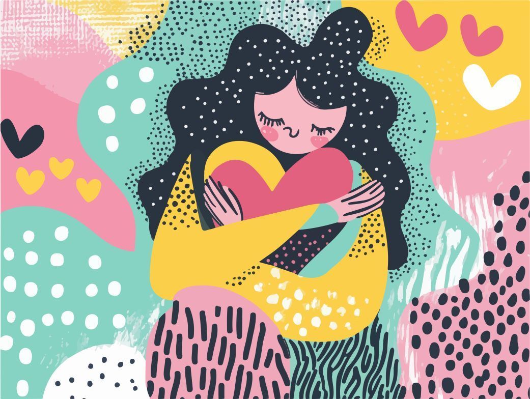 Illustration of a woman hugging herself symbolizing emotional orphan healing and self-esteem therapy in Ontario