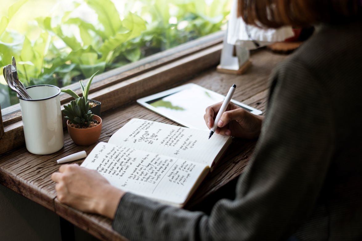 Therapist and client in session, exploring a dream journal together.