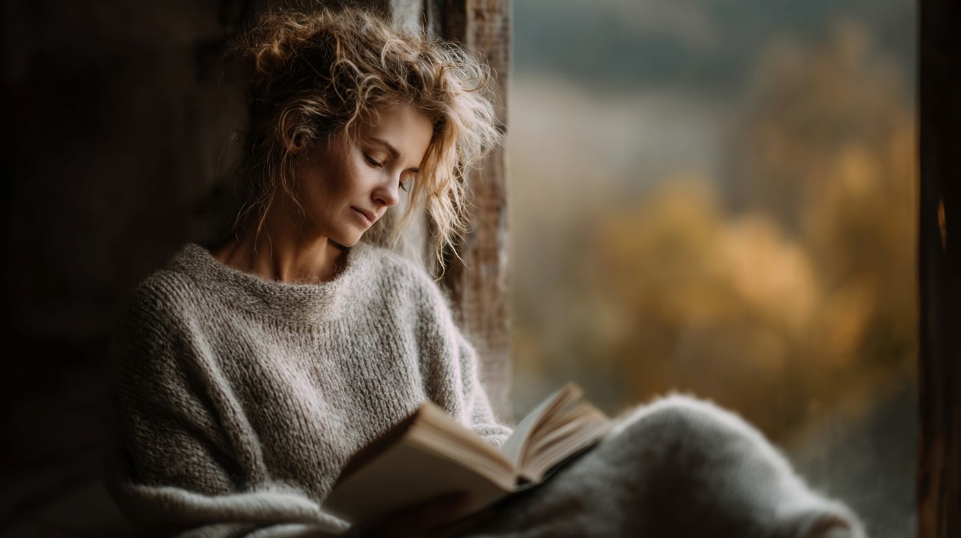 Woman reading near a window during burnout recovery and nervous system healing
