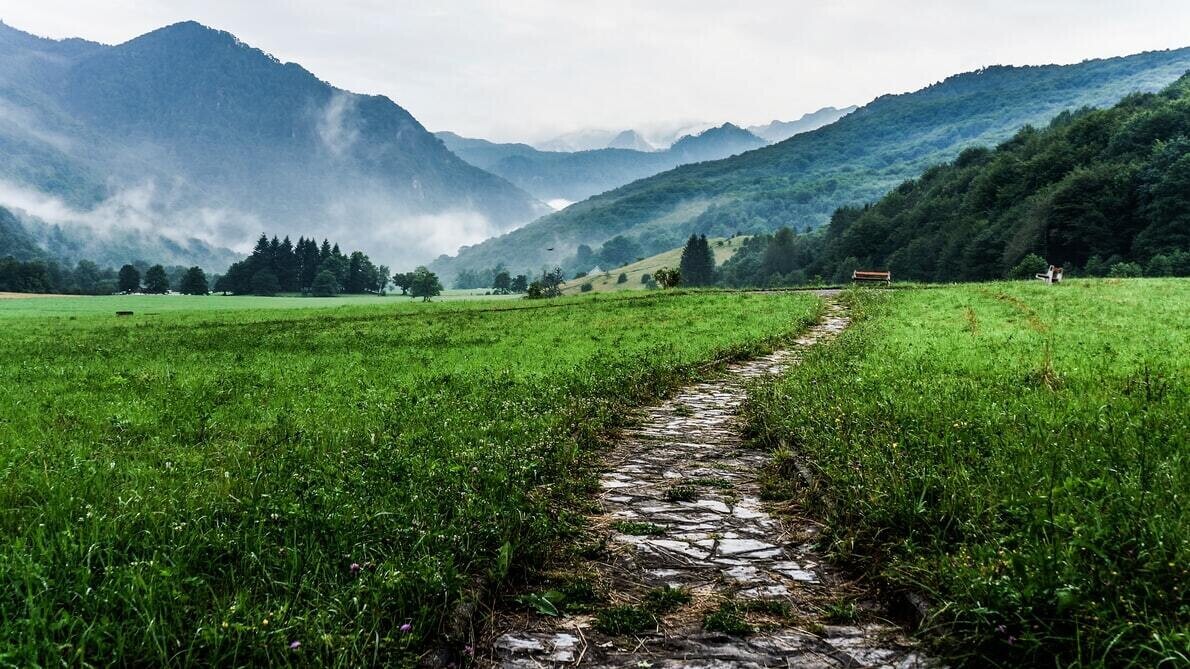 Winding path leading through a quiet mountain landscape