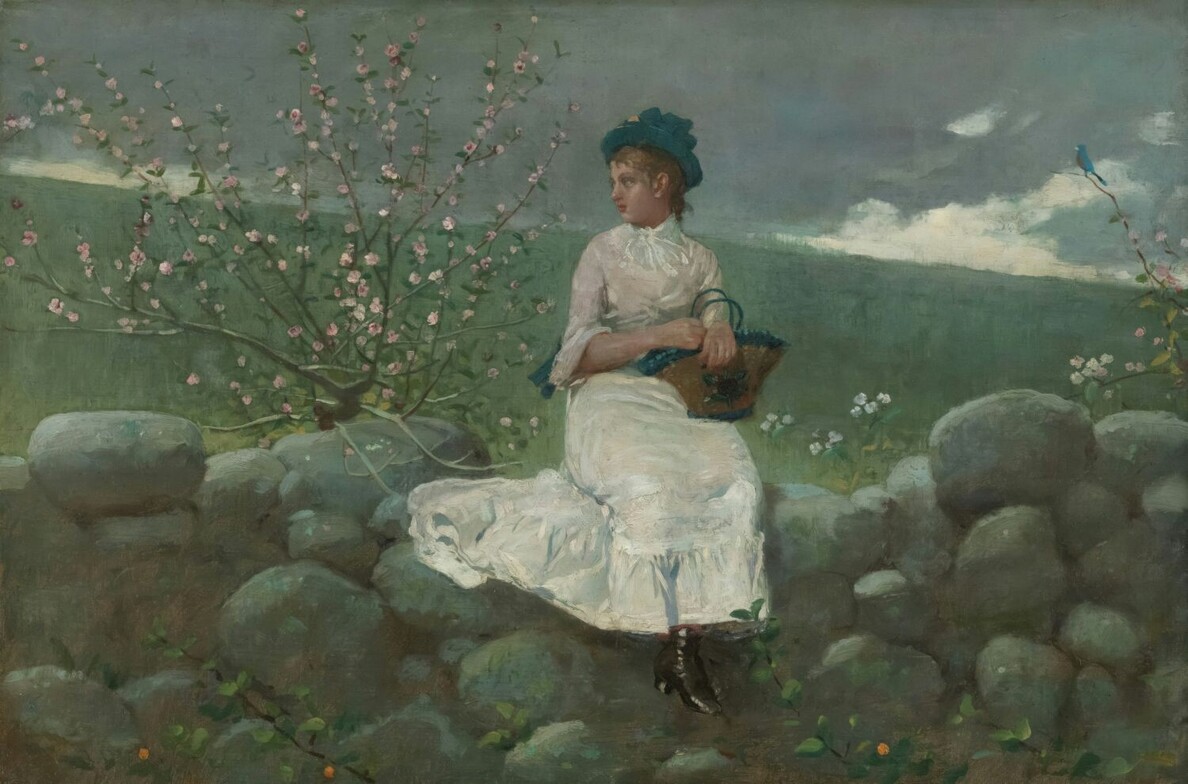Painting of a woman sitting alone on a stone wall beside blooming branches, representing emotional loneliness and depth in highly sensitive people.