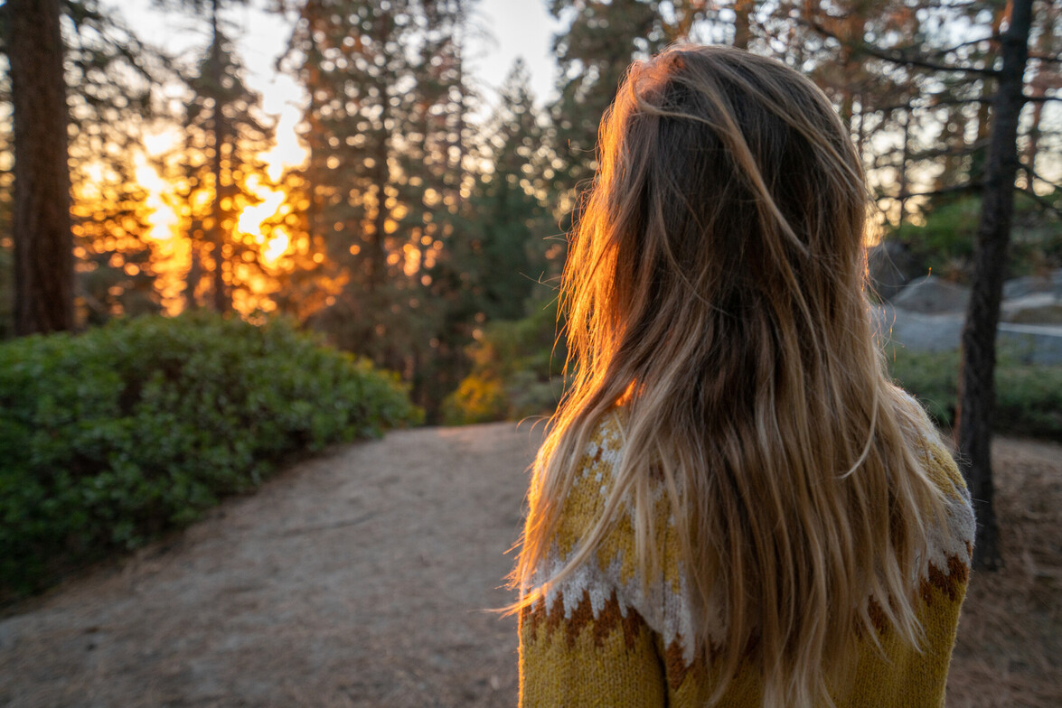 Young woman standing in forest looking at beautiful valley at sunset
